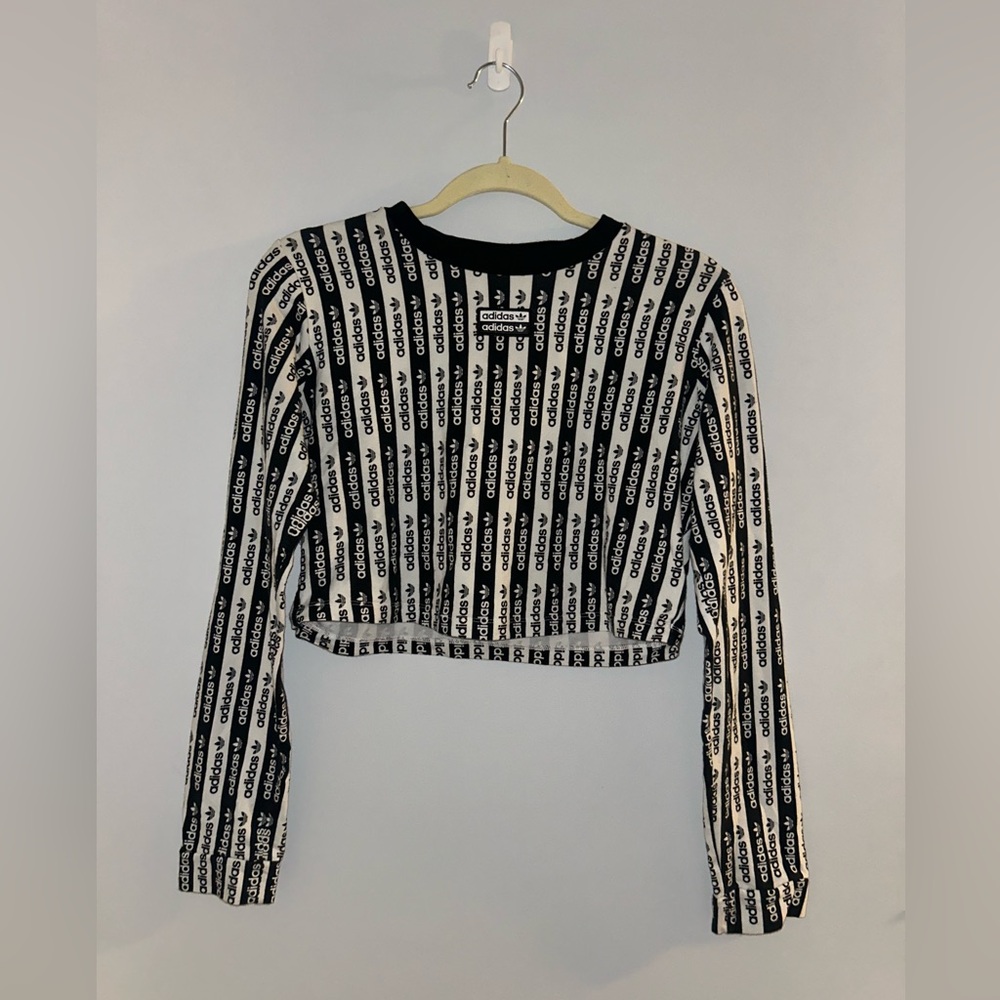 Adidas Black and White Striped Long Sleeve Crop Top